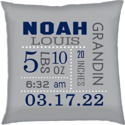 Birth Announcement Baby Boy Grey Pillow with Navy & Grey