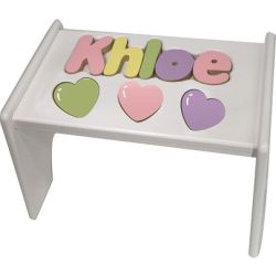 Personalized Heart White Wooden Puzzle Stool