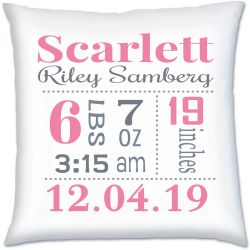 Birth Announcement Baby Girl Pillow in Pink & Grey 