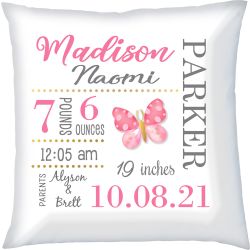 Birth Announcement Baby Girl Pillow with Pink Butterfly