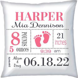 Birth Announcement Baby Girl Pillow with Pink Baby Feet
