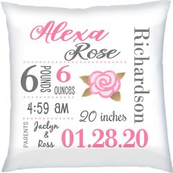 Birth Announcement Baby Girl Pillow with Pink Rose & Gold Leaves