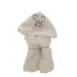 Personalized Girls Hooded Towels with Elephant Design in Grey & Name in Pink