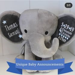 Personalized Grey Stuffed Elephant Birth Announcement