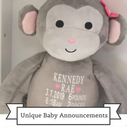 Personalized Grey & Pink Stuffed Monkey Birth Announcement