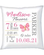 Birth Announcement Baby Girl Pillow with Pink Butterfly
