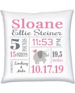 Birth Announcement Baby Girl Pillow with Elephant & Baby Bird