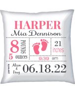 Birth Announcement Baby Girl Pillow with Pink Baby Feet