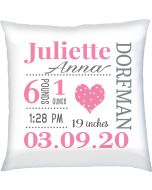 Birth Announcement Baby Girl Pillow with Pink Heart