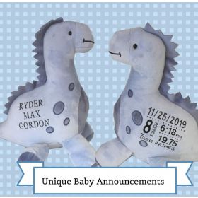 Personalized Purple Stuffed Dinosaur Birth Announcement