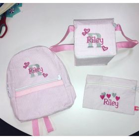 Personalized Mini Backpack, Insulated Snack Bag and Pencil Case Set with Hearts, Name & Initial