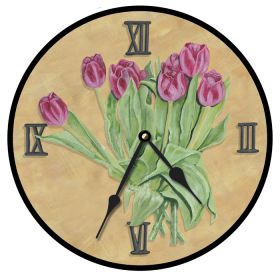 Tulips Pink Tan Round Clock Personalized with Child's Name