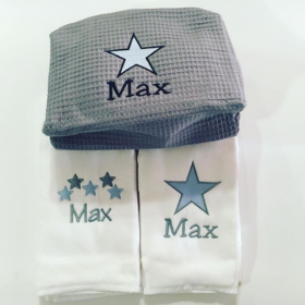 Personalized 3 Piece Infant Travel Set with Stars Includes Diaper Pouch & 2 Burp Cloths  