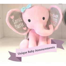 Personalized Pink Stuffed Elephant Birth Announcement