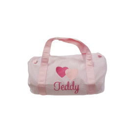 Children's Personalized Seersucker Pink Duffle Bag with Name & Hearts