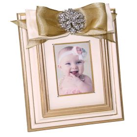 Gold and Pink Handpainted Picture Frame with Gold Ribbon and Crystal Brouch