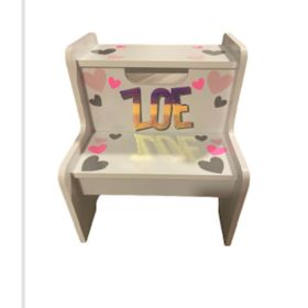 Personalized White Wooden Two Step Stool with Light Pink and Grey Hearts