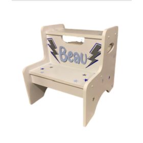 Personalized White Wooden Two Step Stool with Blue Lightening Bolts and Stars
