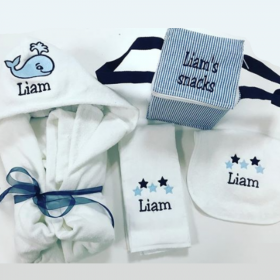 Personalized Whales & Stars Hooded Towel, Burp Cloth, Bib & Snack Square Set