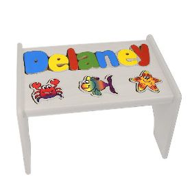 Personalized Ocean Sea Creatures White Wooden Puzzle Stool