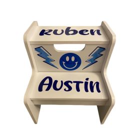 Personalized White Wooden Two Step Stool with Blue Lightening Bolts and Smiley Face