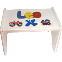Personalized Transportation White Wooden Puzzle Stool