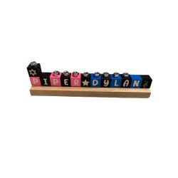 Personalized Children's Menorah for Two Child's Names in Pink, Blue & Black with Special Symbols