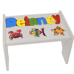 Personalized Ocean Sea Creatures White Wooden Puzzle Stool