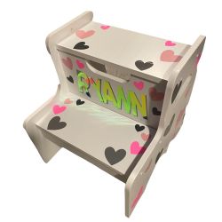 Personalized White Wooden Two Step Stool with Pink and Grey Hearts